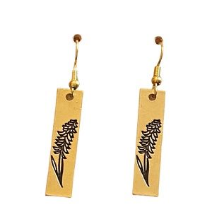 Gold Bar with Engraved Floral Design Drop Earrings